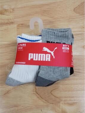 PUMA Boys 6 Pack Cut Crew Socks White Grey Black Size 5‑6.5 US